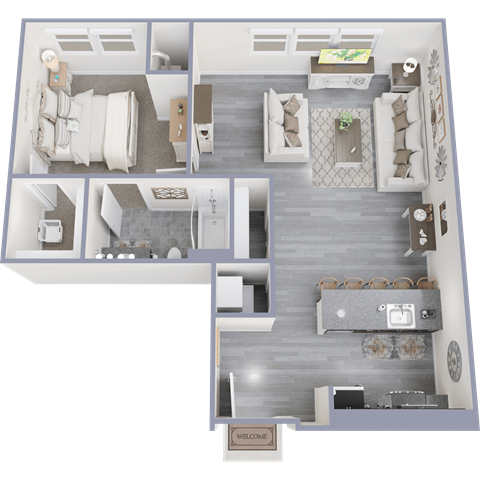 Floor plan for 1 bed, 1 bath, 750 sqft